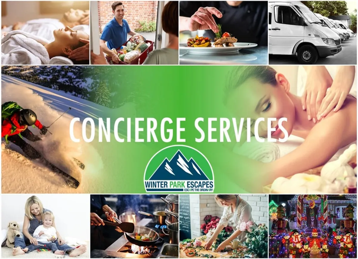 A collage-style image showing a range of activities—skiing action, gourmet food preparation, spa treatments, family time, and holiday decorations. The image blends moments of adventure, relaxation, and celebration, offering a glimpse into the diverse experiences available to guests.