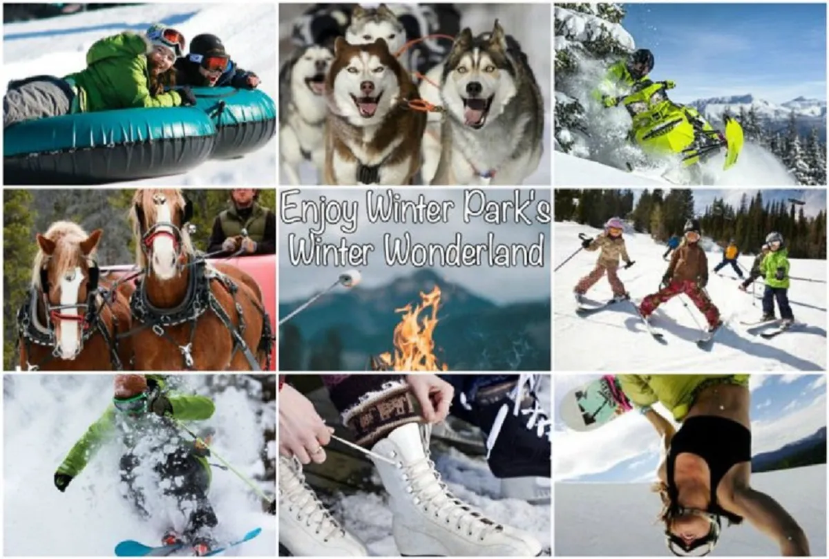 An energetic exterior scene capturing people snow tubing, huskies pulling sleds, skiers, snowboarders, and children playing in the snow. A fire pit and skate shoes add to the festive atmosphere, set against a wintry backdrop.