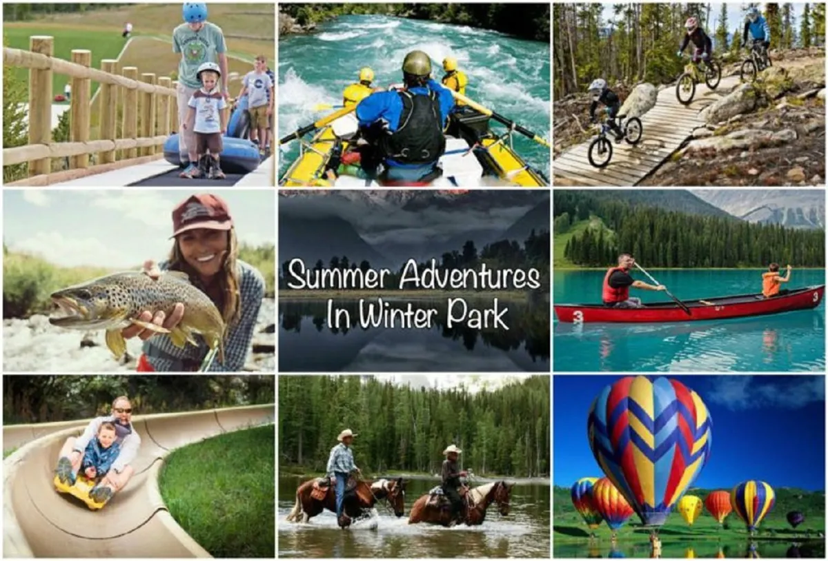 An action-packed outdoor scene featuring families engaged in rafting, biking, fishing, and enjoying hot air balloon rides along with other water sports. The landscape is lush and inviting, emphasizing active exploration and shared moments in nature.